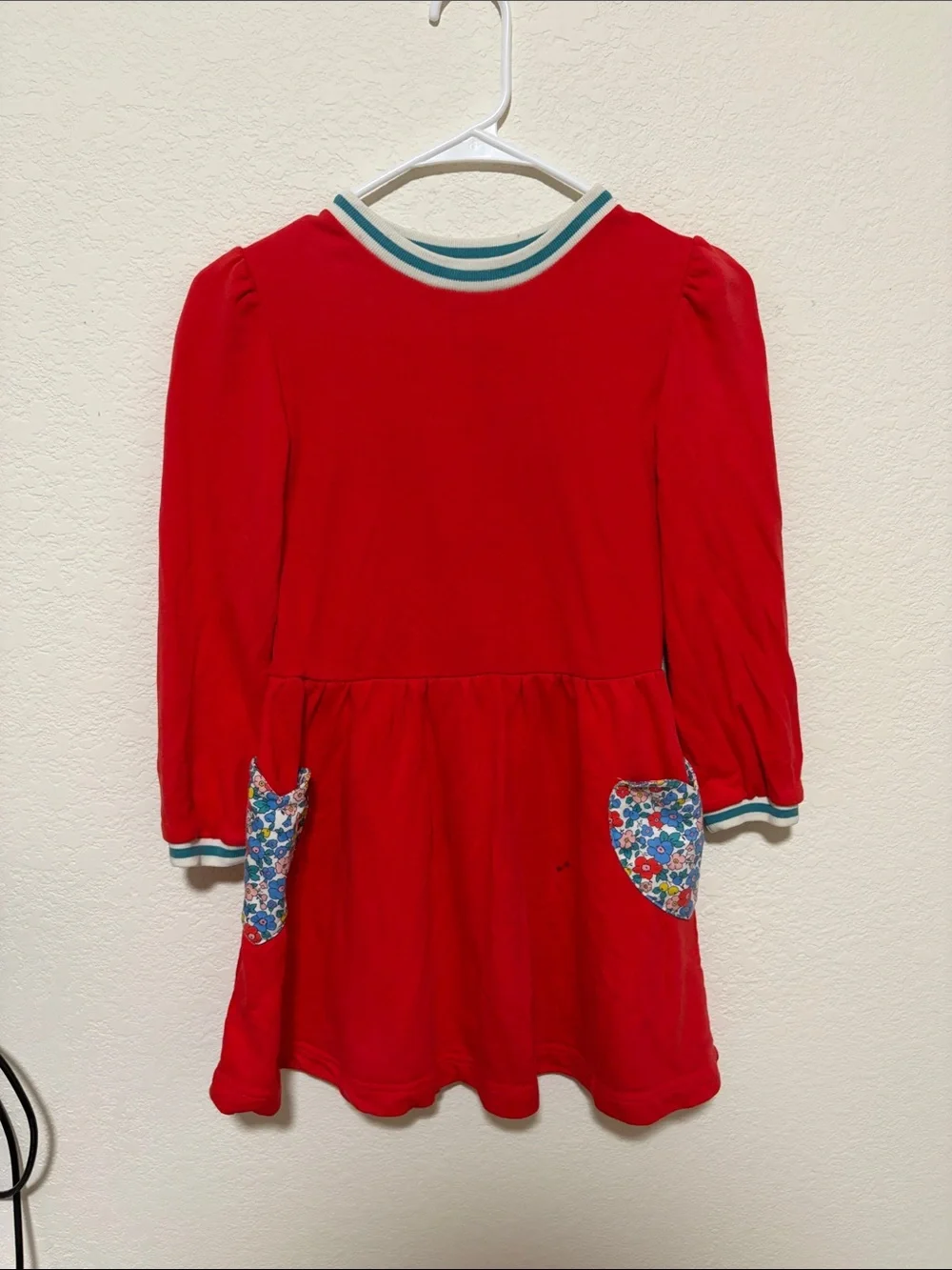 Mini Boden Red Long-Sleeve Dress with Floral Pockets